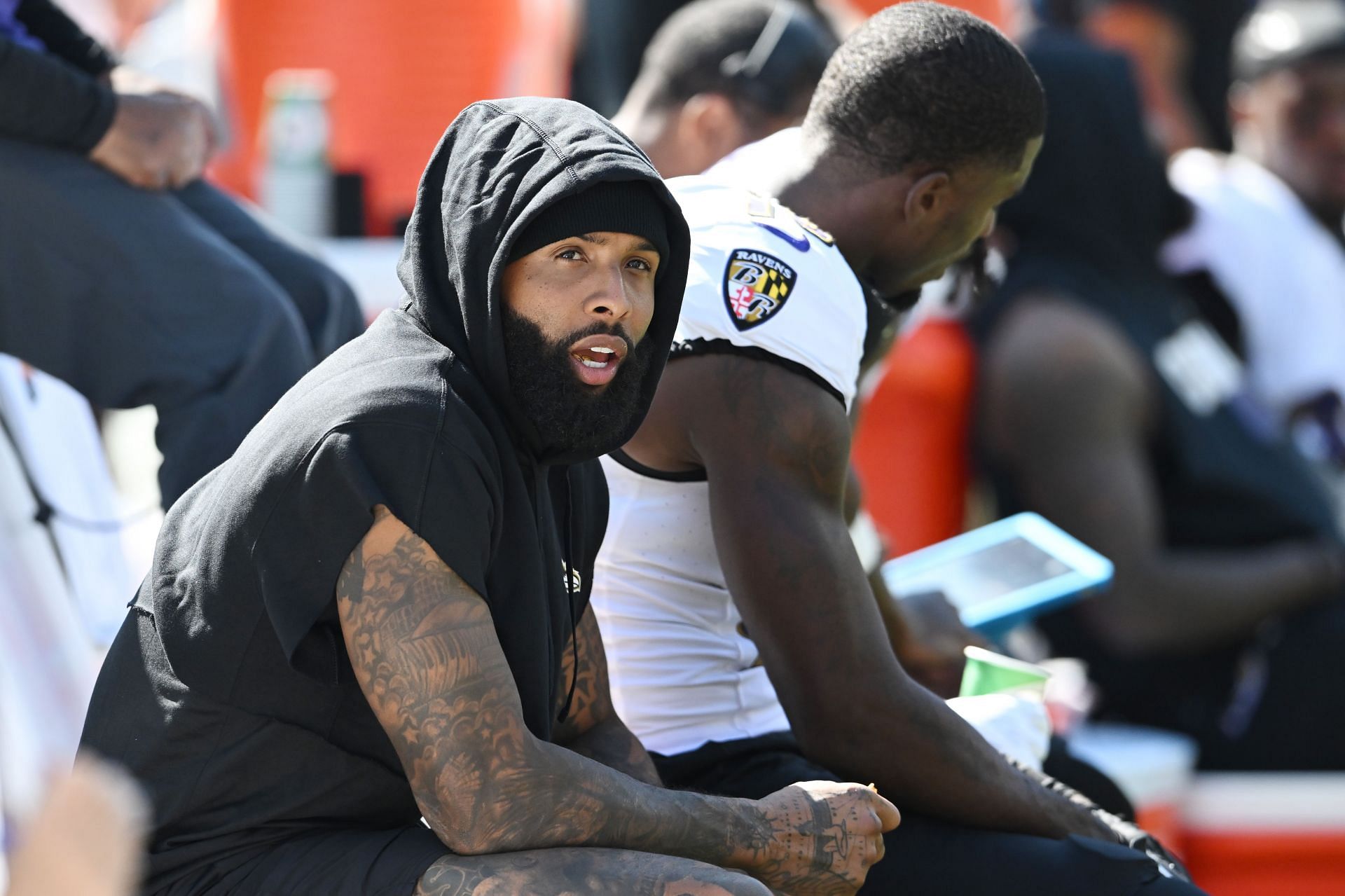 Odell Beckham Jr. on the sidelines during Baltimore Ravens v Cleveland Browns