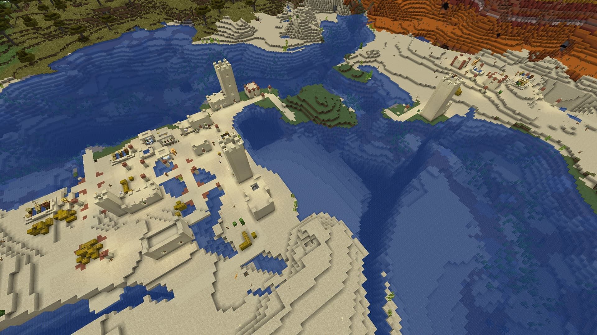 Спавн этого сида в пустыне Minecraft содержит несколько деревень, которые можно разграбить (Изображение взято с Mojang)
