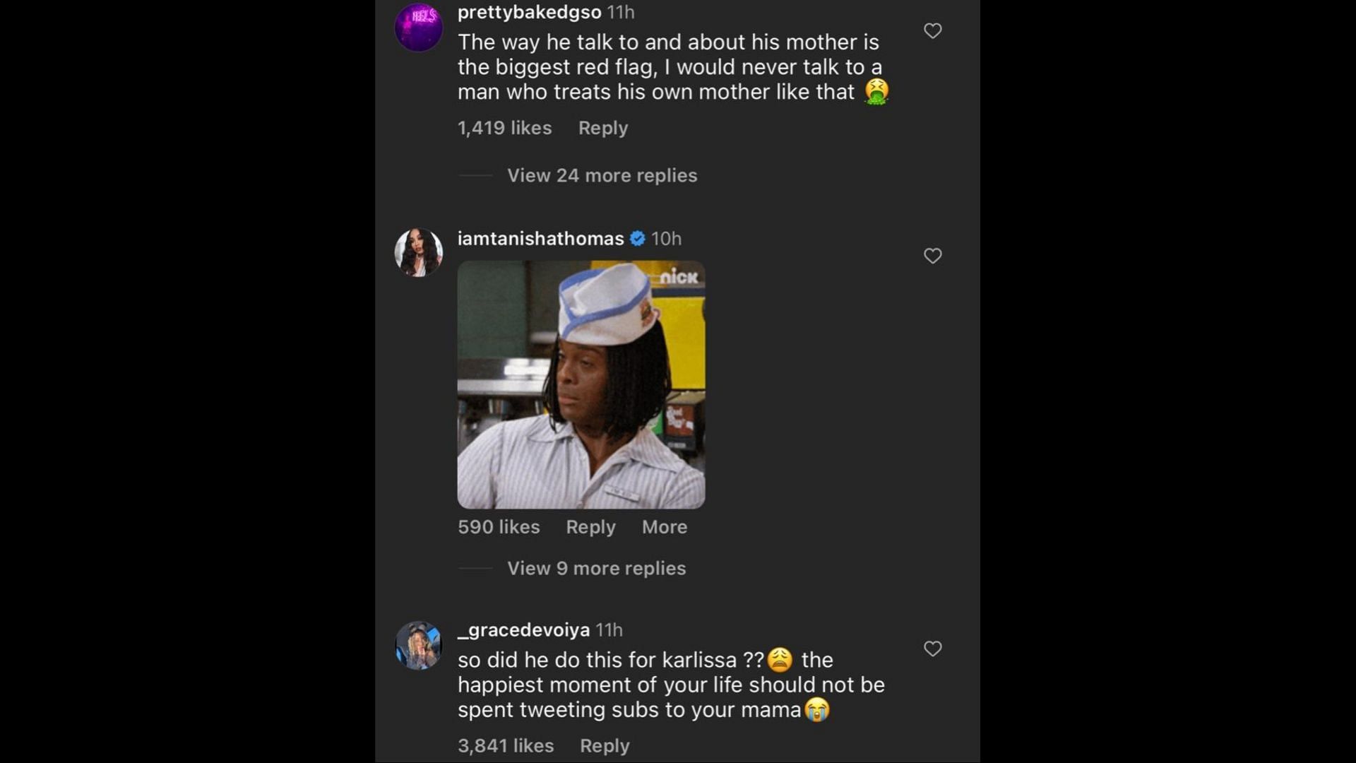 Screenshot of Internet users remarking on Blue&#039;s posts about his mother Karlissa. (Photo via @theneighborhoodtalk/Instagram)