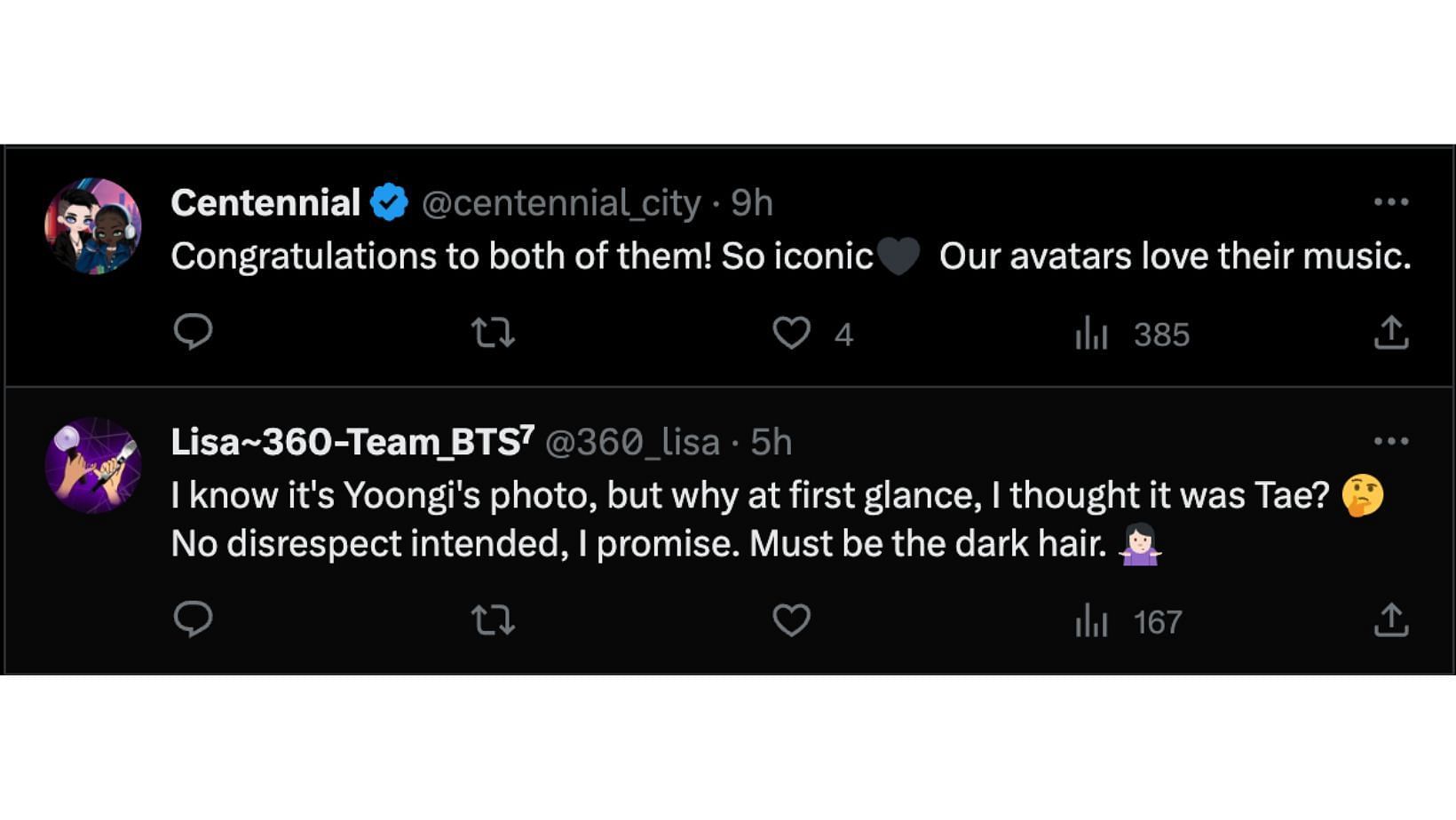 @centennial_city and @360_lisa commented on Twitter about BTS&#039; Min Yoongi&#039;s achievement on a post by @Pk_bts_land