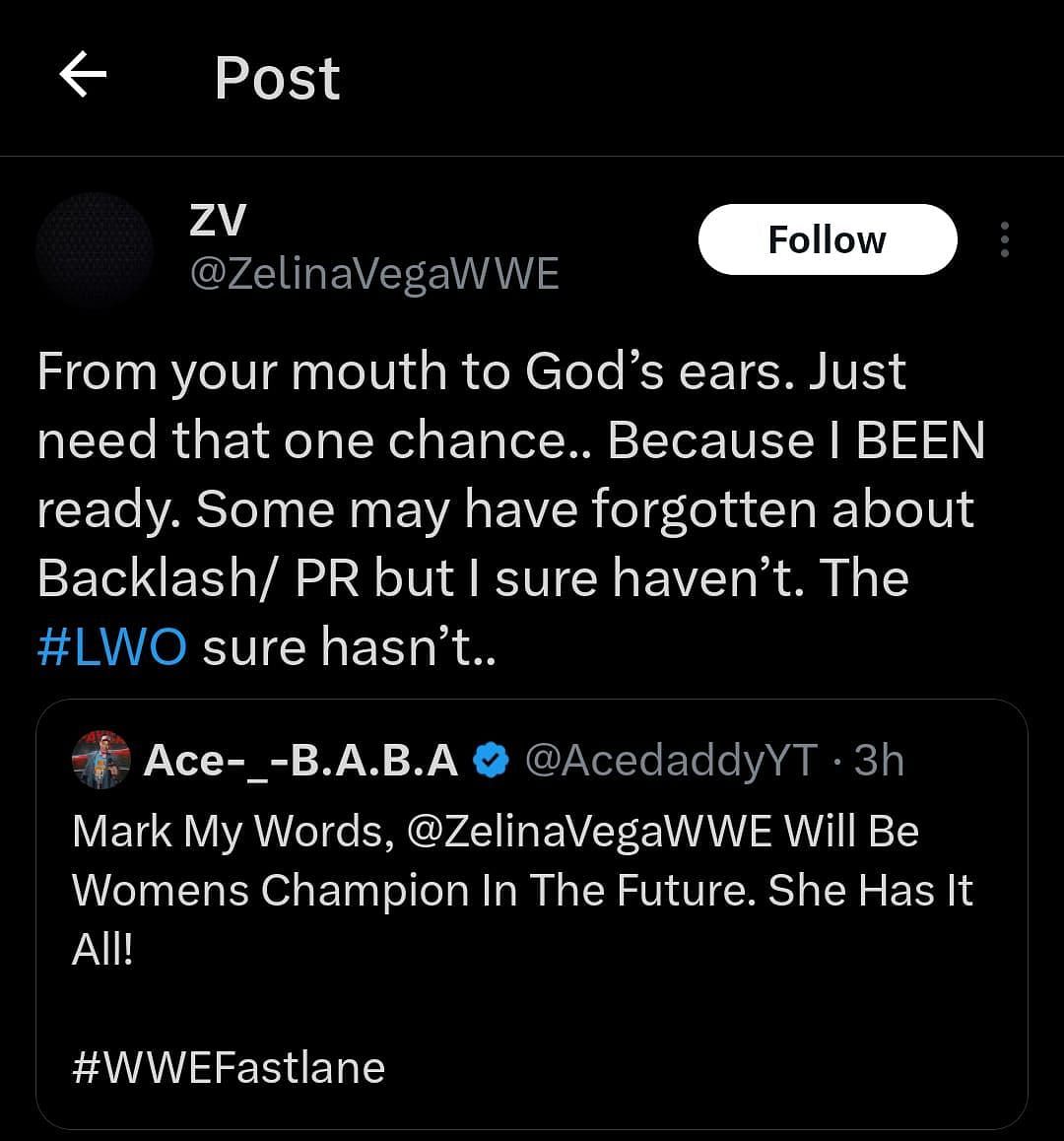 Screenshot of Zelina Vega&#039;s response to a fan.