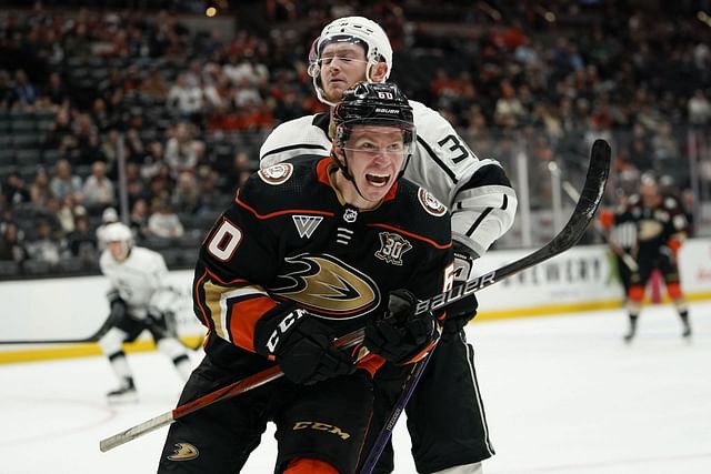 Anaheim Ducks defenseman Jackson LaCombe celebrates after scoring a goal (AP Photo/Ryan Sun)