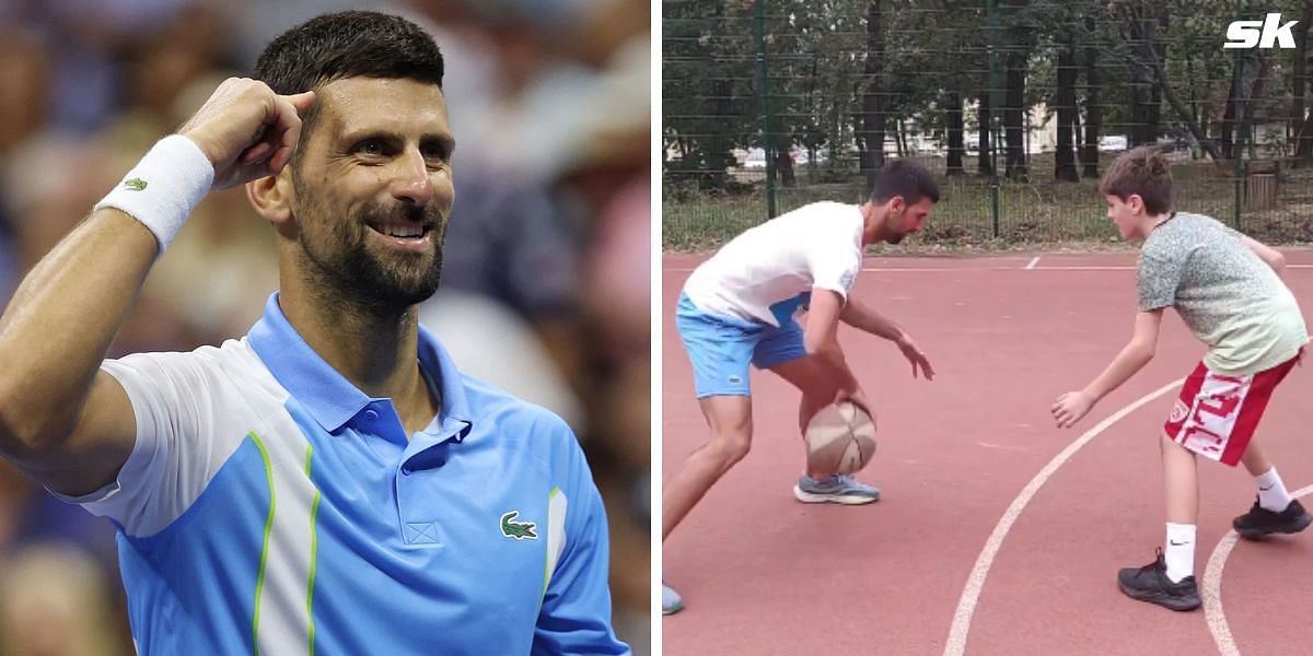 Novak Djokovic basketball session with young fan