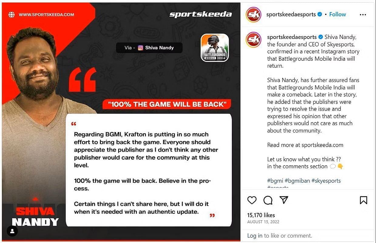 Skyesports CEO, Shiva Nandy&#039;s statement (Image via Instagram/Sportskeedaesports)