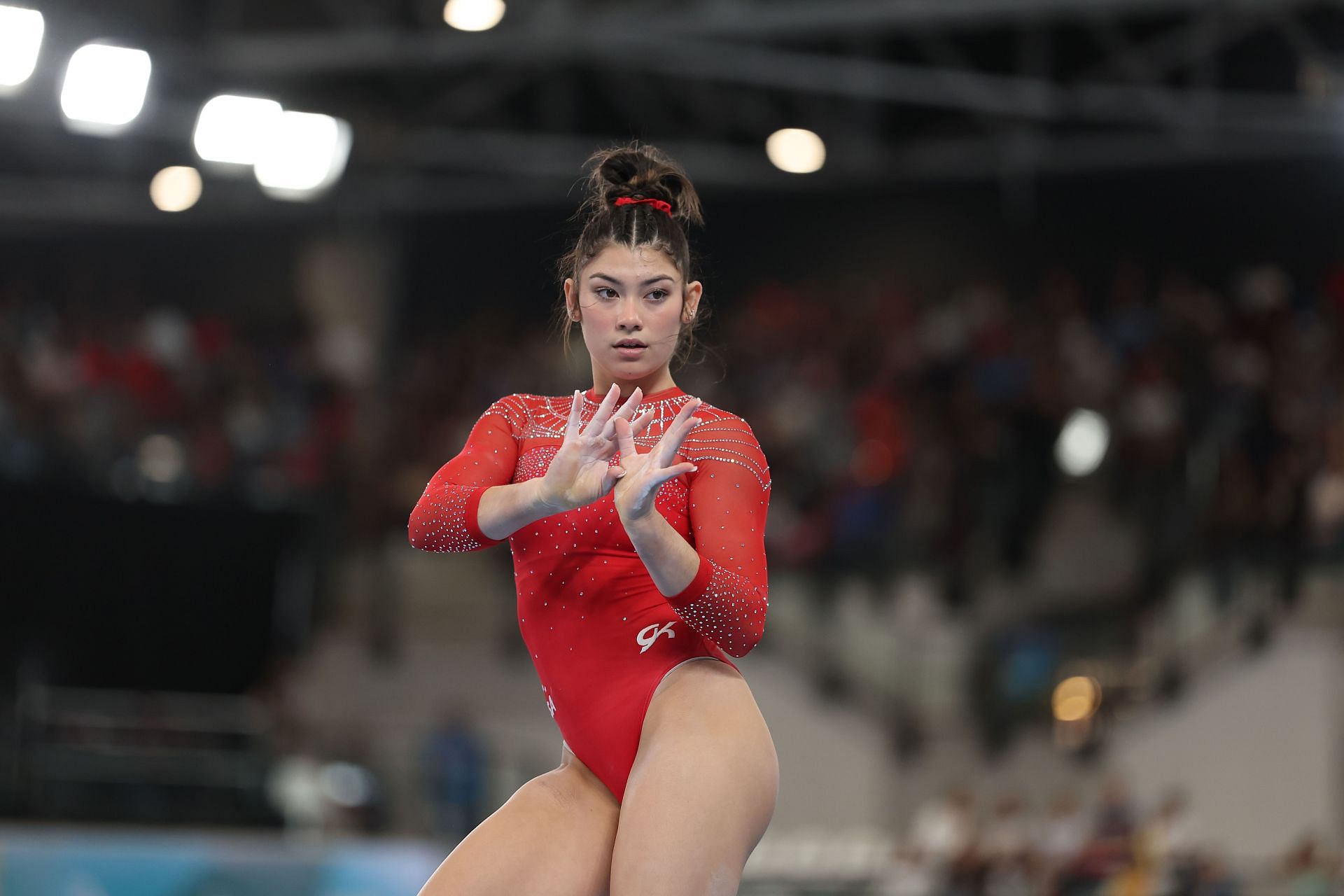 Kayla Dicello competes in Artistic Gymnastics - Floor Exercise at the 2023 Pan Am Games in Santiago, Chile.