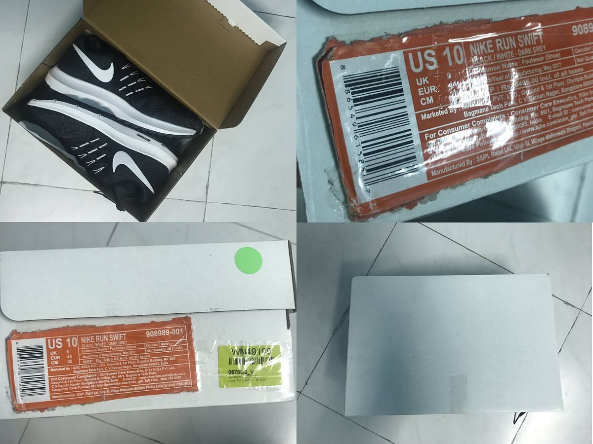 The image above shows serial number, SKUs and bar codes clearly torn from an original Nike shoe box. The top of the box is also clearly missing the Nike logo. (Image via Twitter/Saikhsaifali)