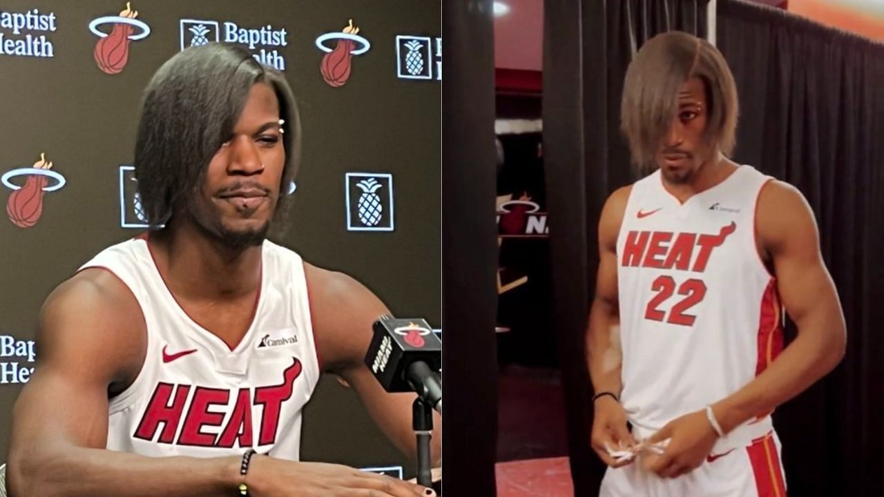 Jimmy Butler during the 2023 Miami Heat Media Day. (Photos: @ByTimReynolds and @GarmentJT on X)