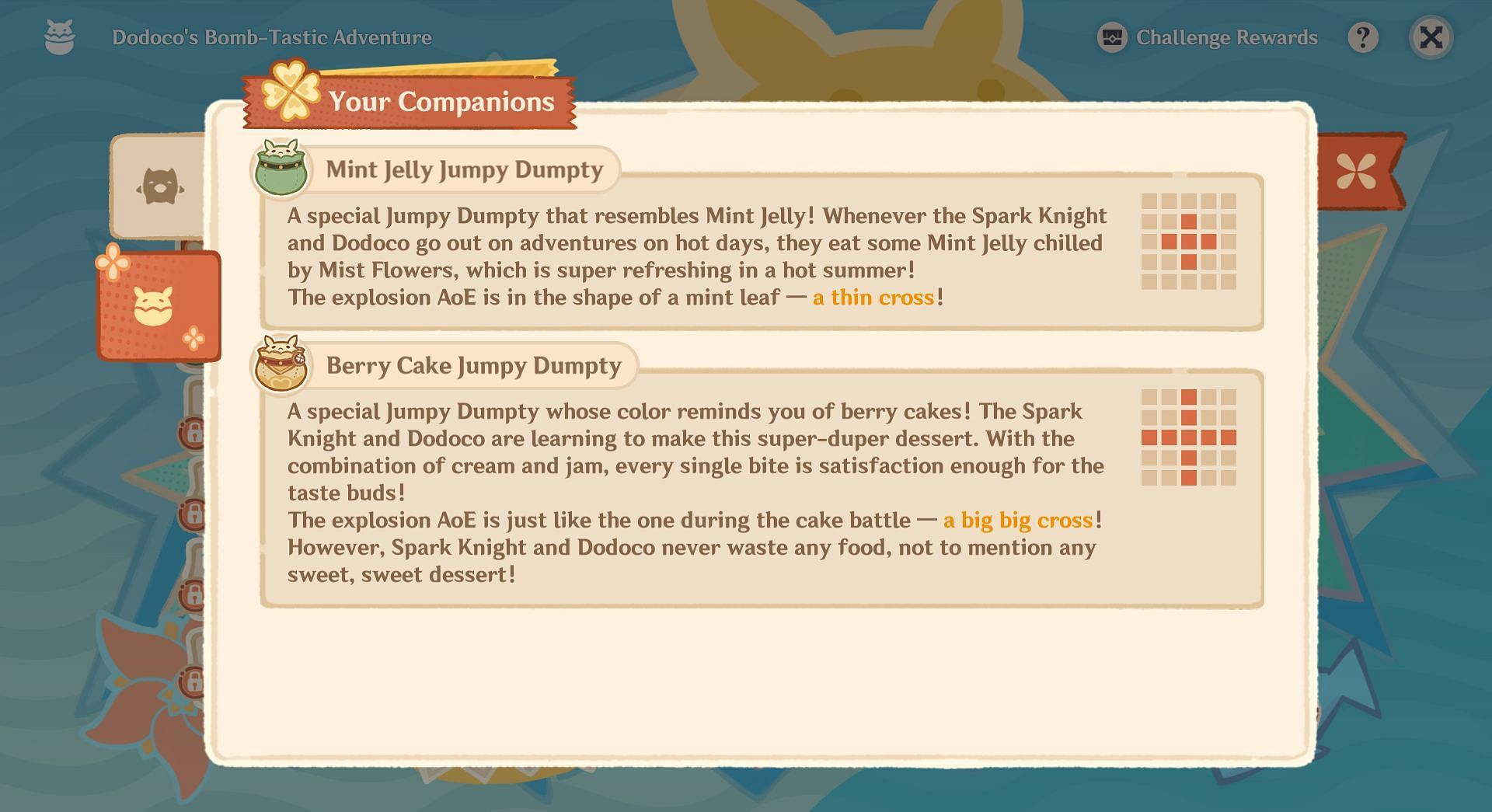 Mint Jelly and Berry Cake bomb explosion areas of effect (Image via HoYoverse)