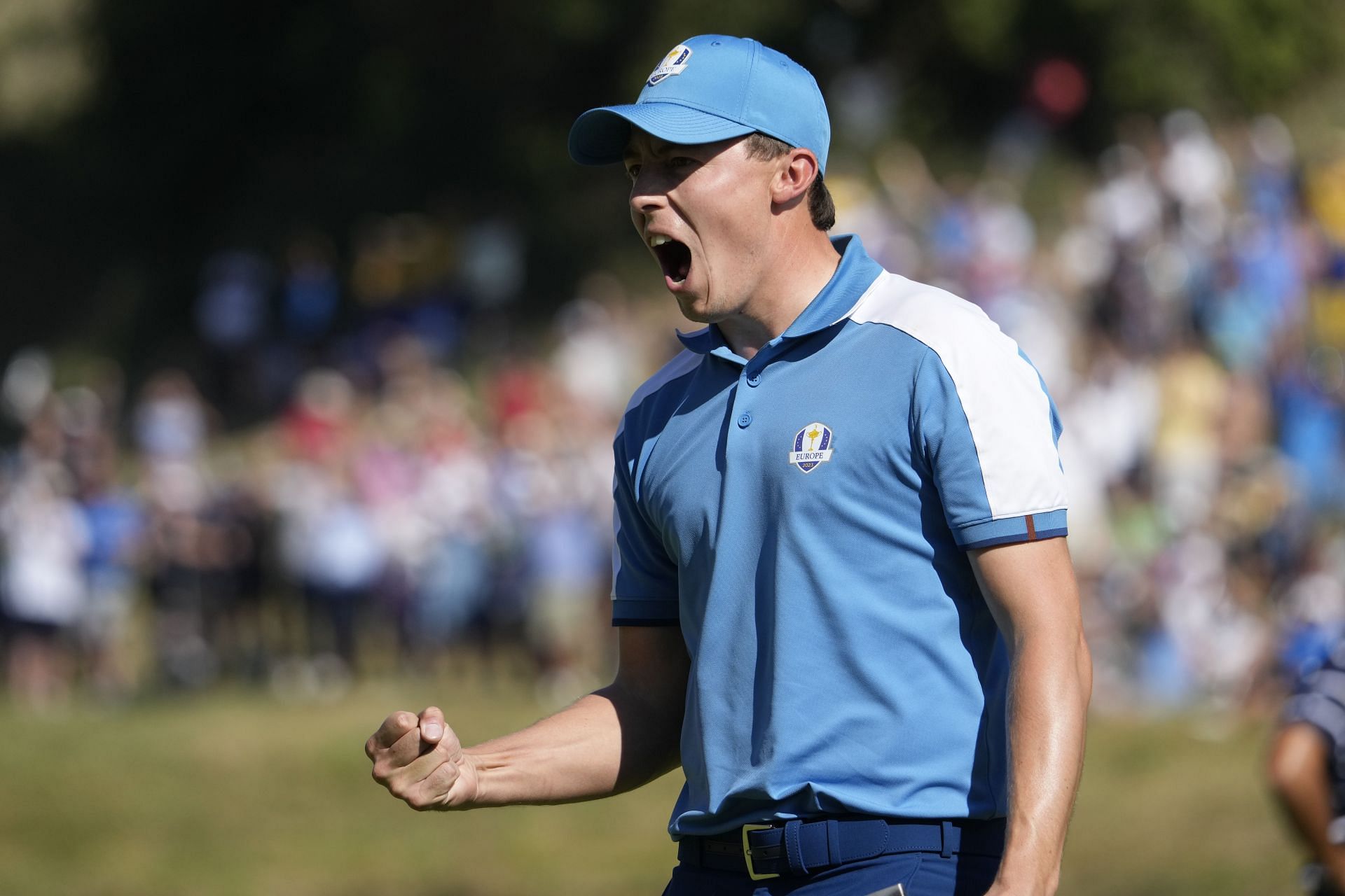 Matt Fitzpatrick celebrates during his four-ball match at the Ryder Cup 2023