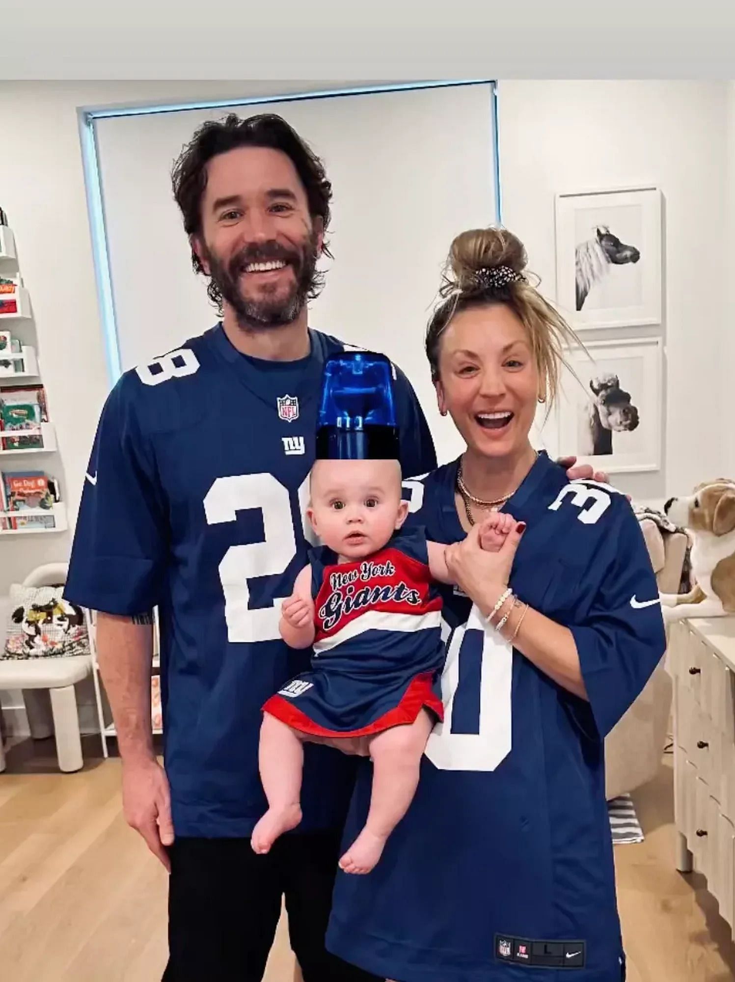 The Cuoco-Pelphrey family in New York Giants clothes