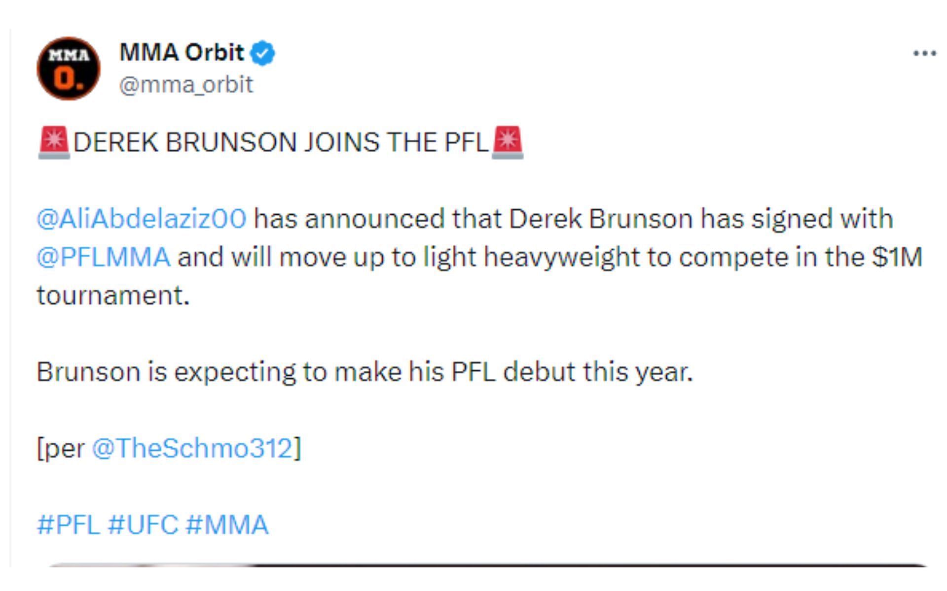 Tweet regarding Derek Brunson joining the PFL
