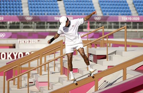 Nyjah Huston of Team United States practices on the skateboard street course ahead of the Tokyo 2020 Olympic Games in Tokyo, Japan.