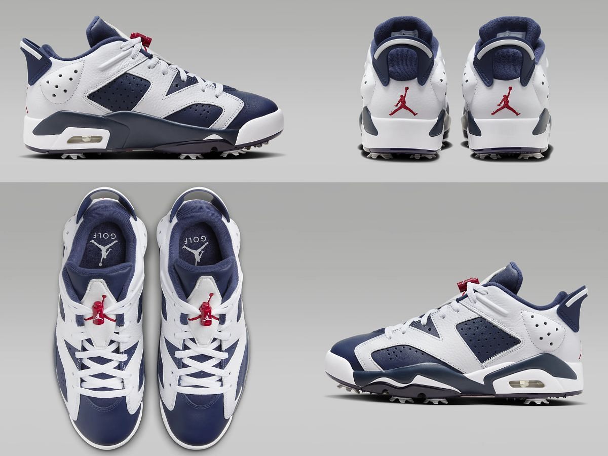 The newly released Nike Air Jordan 6 Low Golf &quot;Olympic&quot; sneakers come clad in a two-toned makeover (Image via Sportskeeda)