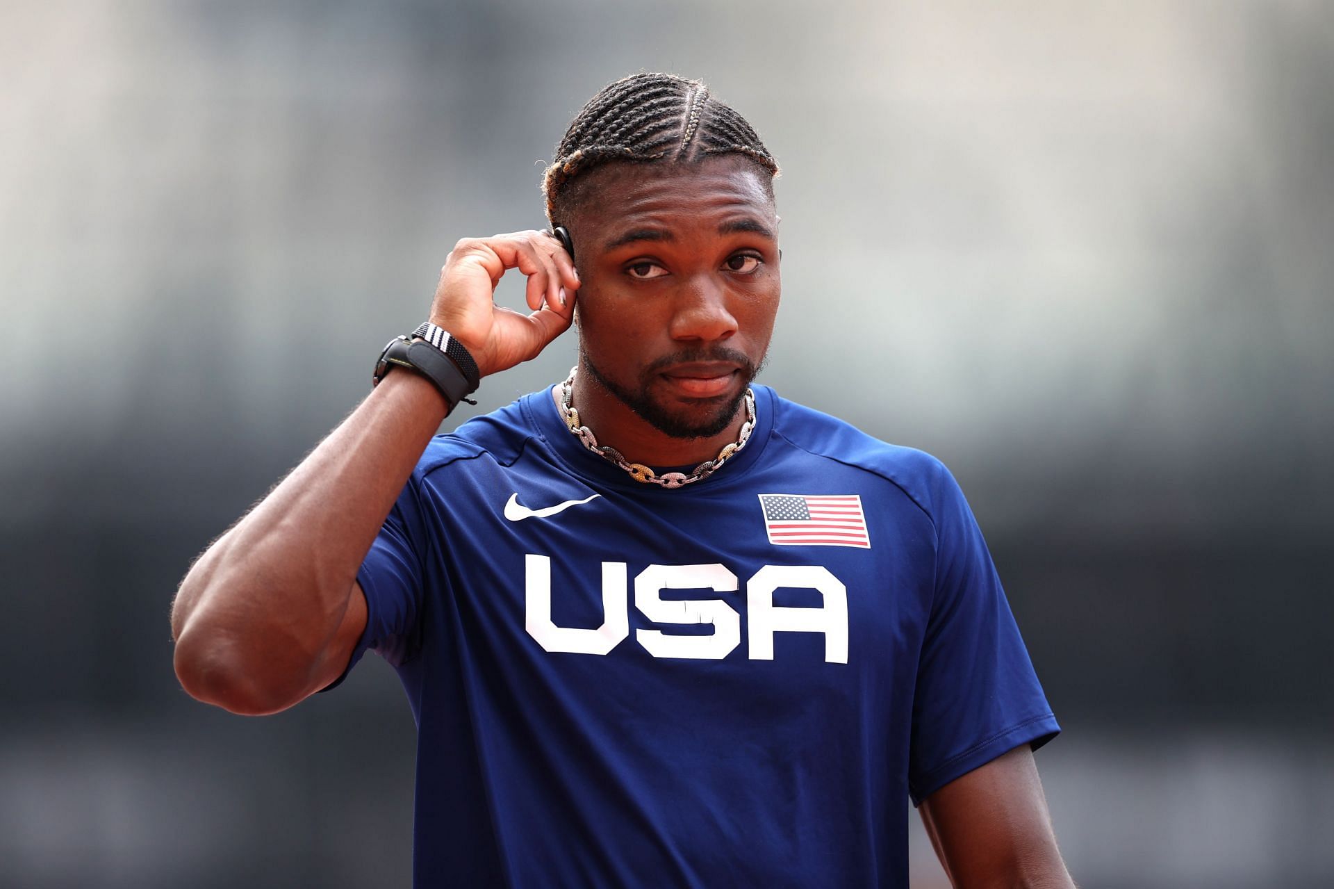 Noah Lyles of Team United States looks on during a training session ahead of the World Athletics Championships Budapest 2023