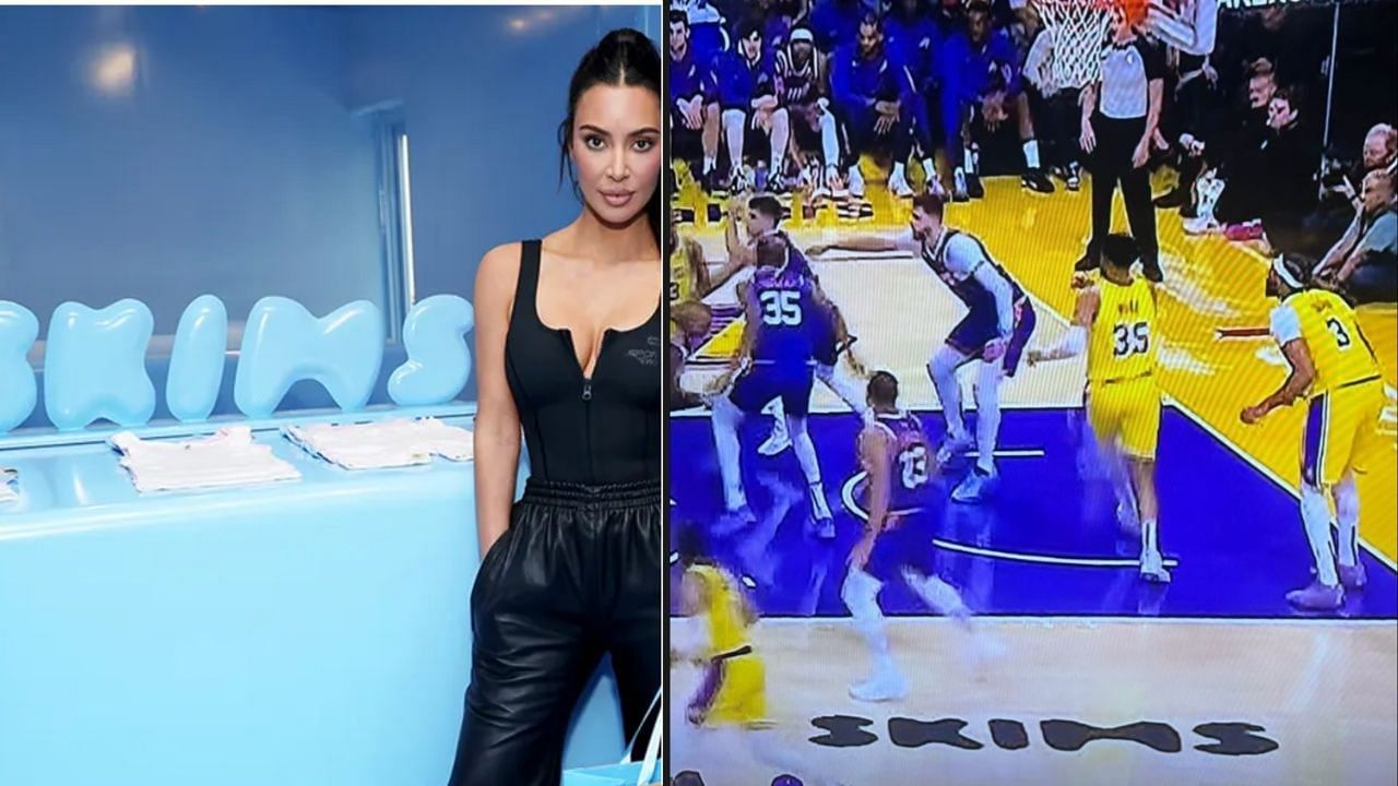 Kim Kardashian (L) and SKIMS logo on the Lakers basketball court