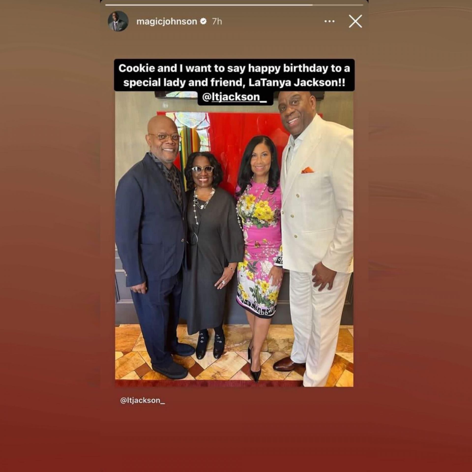 Magic Johnson greets Samuel L. Jackson&#039;s wife LaTanya on her 74th birthday.