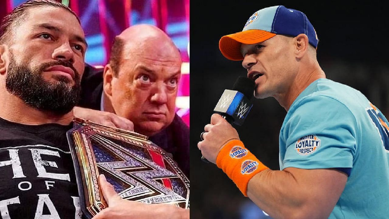 Reigns and Heyman (left); John Cena (right)