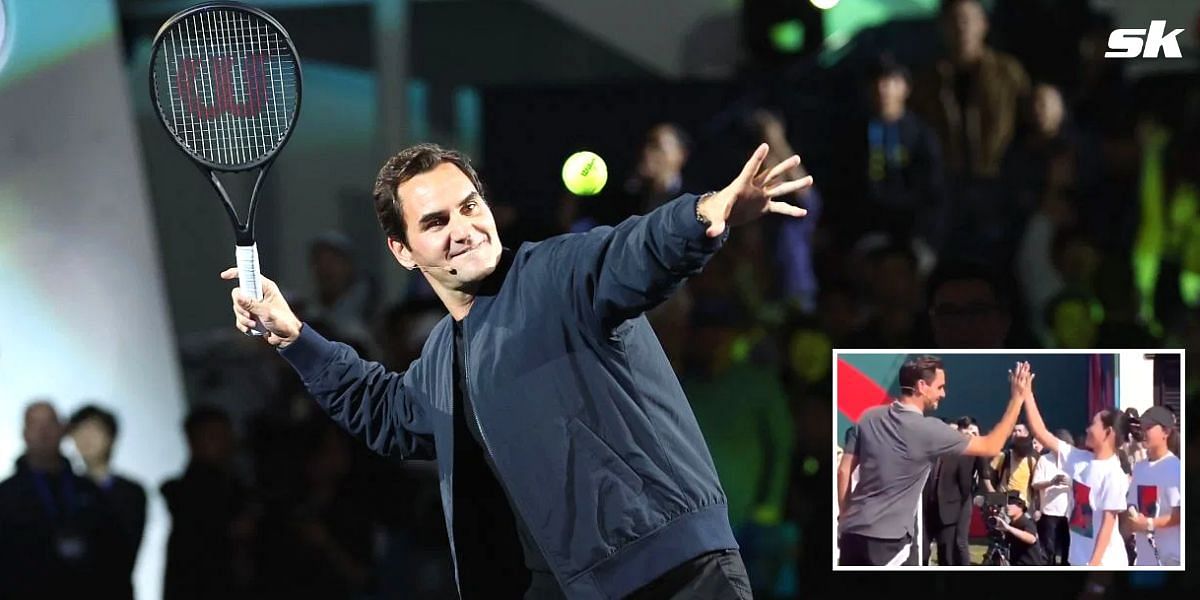 Roger Federer high-fives kids in Shanghai (inset)