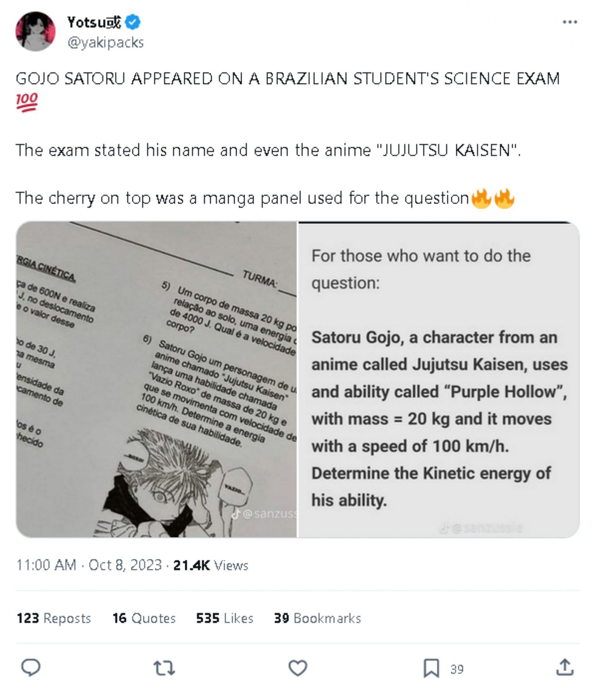 The aforementioned exam, featuring Gojo and the translated question (Image via Twitter/X/@yakipacks)