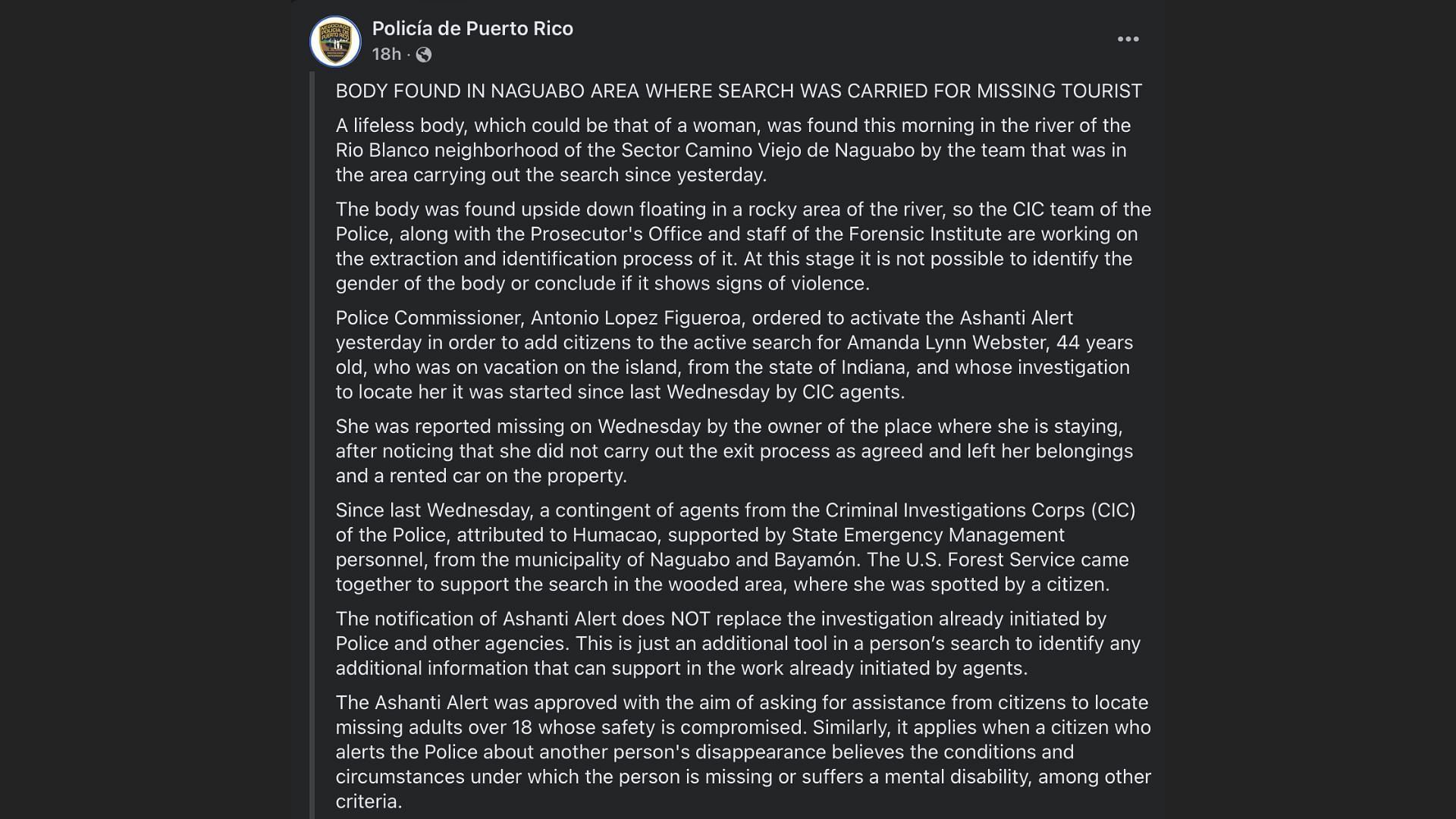 Translated post of Puerto Rico police (Image via snip from Facebook/@Policia de Puerto Rico)