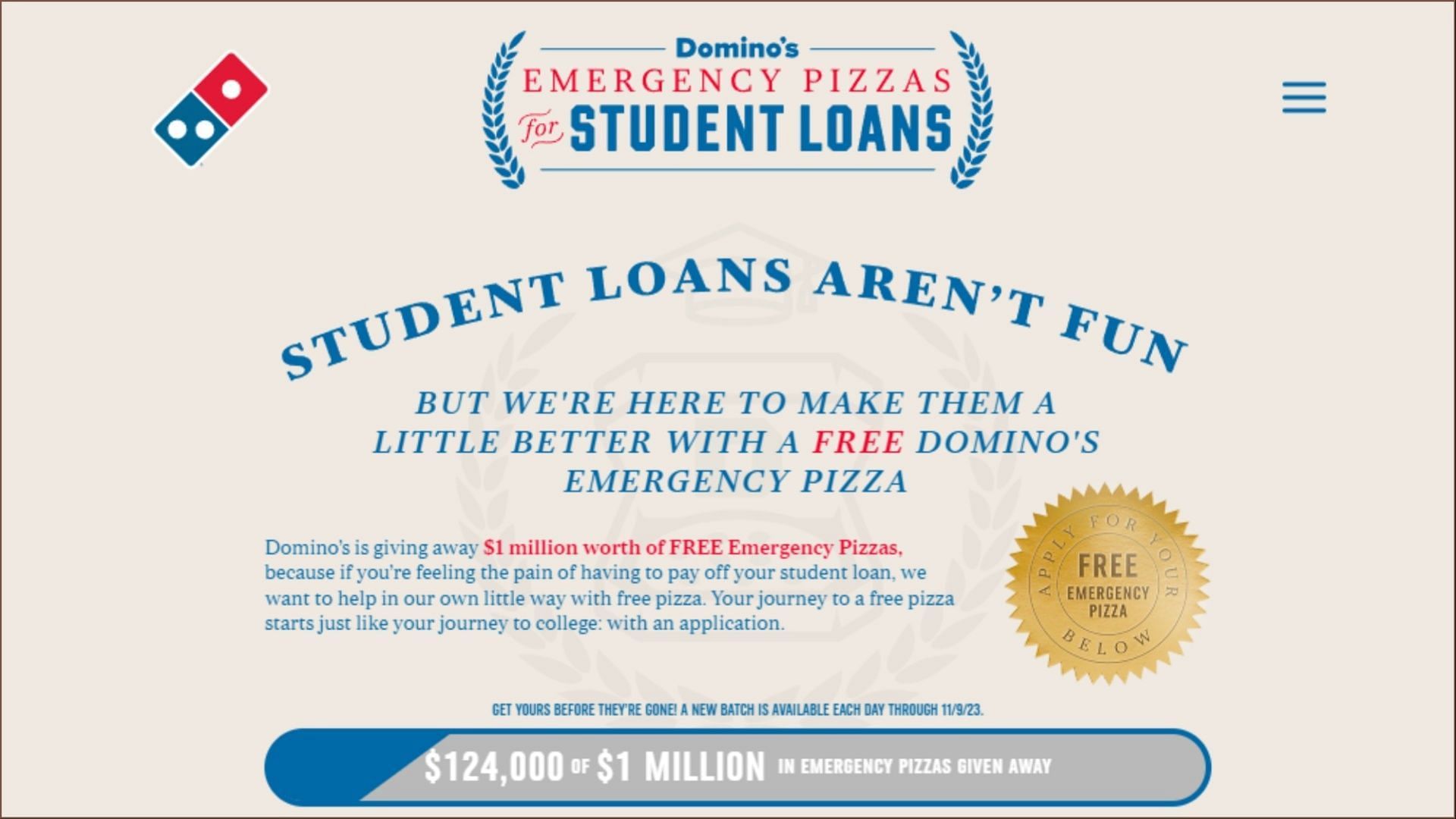 The free Emergency Pizza for student loan promotion starts on October 25 (Image via Domino&rsquo;s)