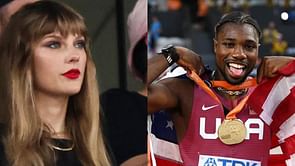 Noah Lyles shows off World Championship gold medal during NFL match at MetLife stadium with Taylor Swift in attendance