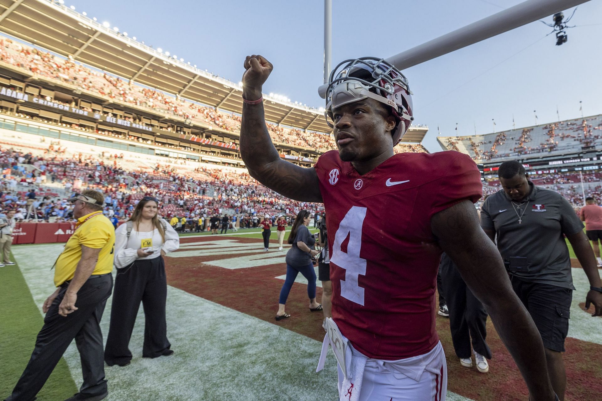 Mississippi Alabama Football: Alabama quarterback Jalen Milroe (4) lifts a fist as he celebrates a win over Mississippi after an NCAA college football game, Saturday, Sept. 23, 2023, in Tuscaloosa, Ala. (AP Photo/Vasha Hunt)