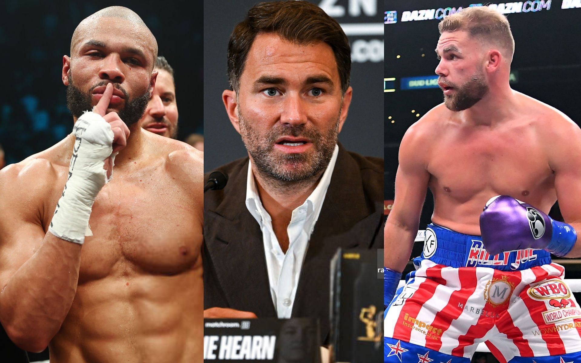 Chris Eubank Jr. (left), Eddie Hearn (middle) and Billy Joe Saunders (right) [Images Courtesy: @GettyImages]