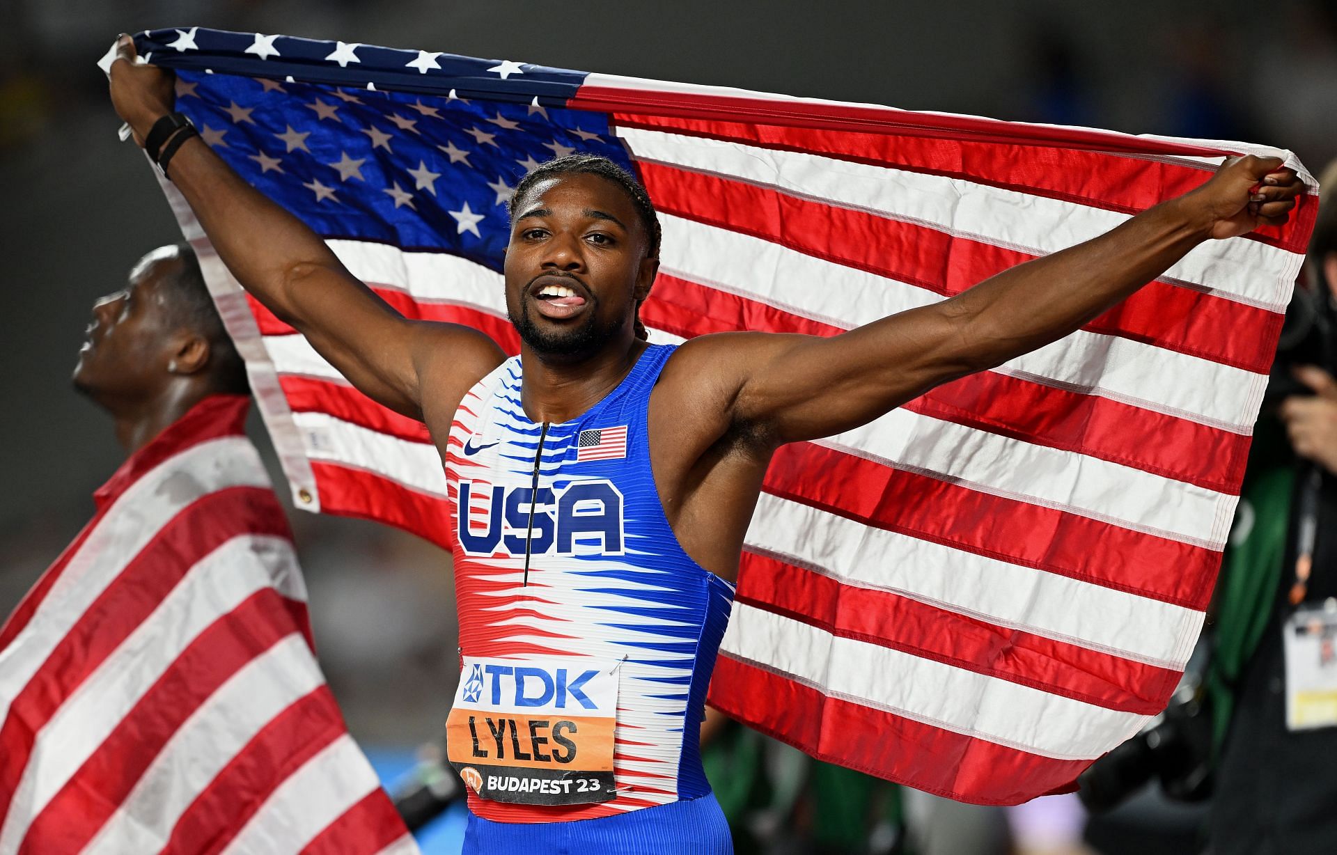 Noah Lyles celebrates after winning the Men&#039;s 4x100m Relay at the 2023 World Athletics Championships in Budapest, Hungary.