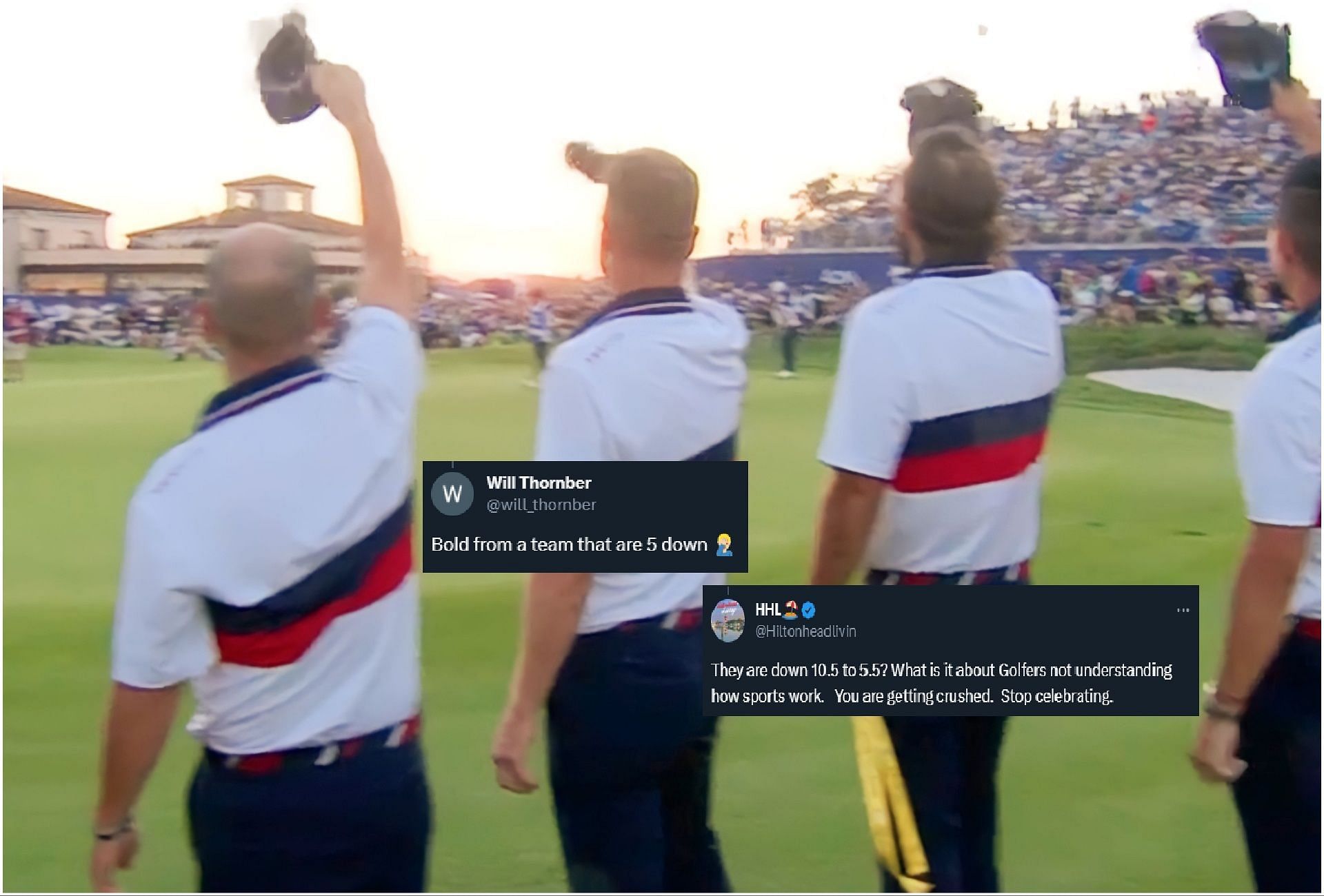  Team America waving hats to European crowd at the 2023 Ryder Cup (via X/Twitter/@NUCLRGOLF)