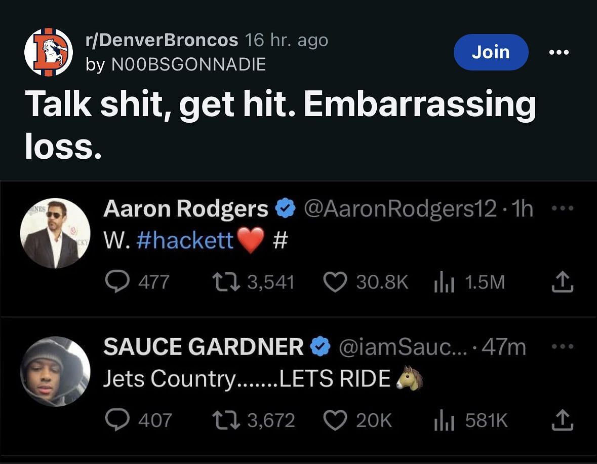 Fans on social media targeted Sauce Gardner and Aaron Rodgers.