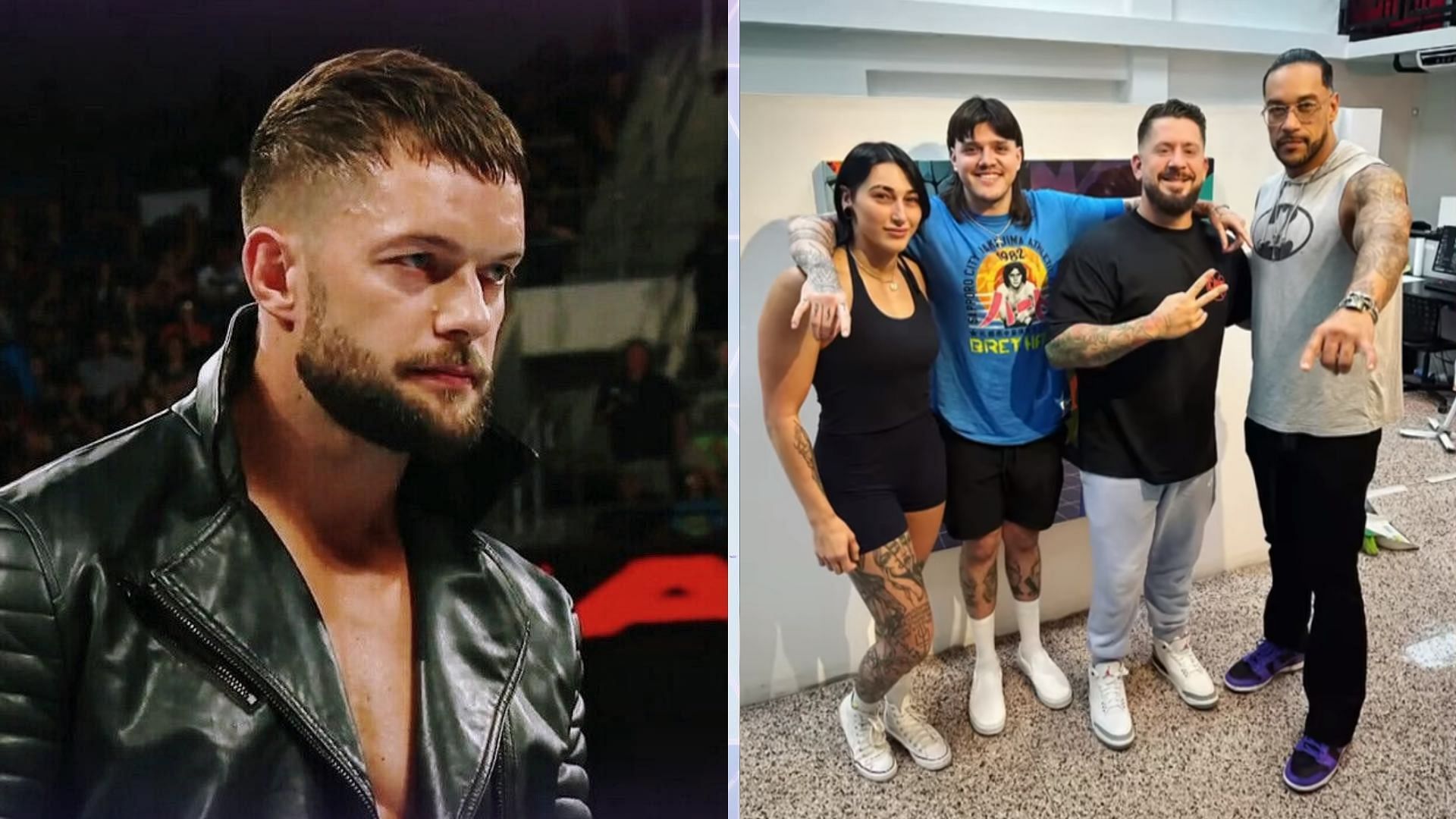 Finn Balor on the left, rest of The Judgment Day teammates on the right