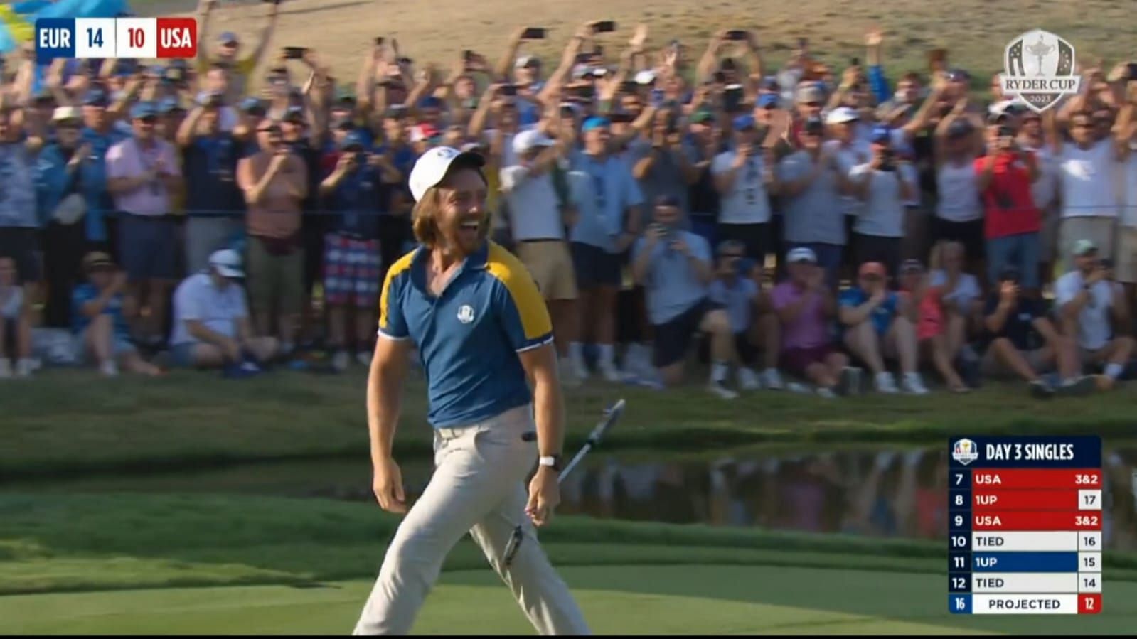 Tommy Fleetwood celebrates his win for the Ryder Cup