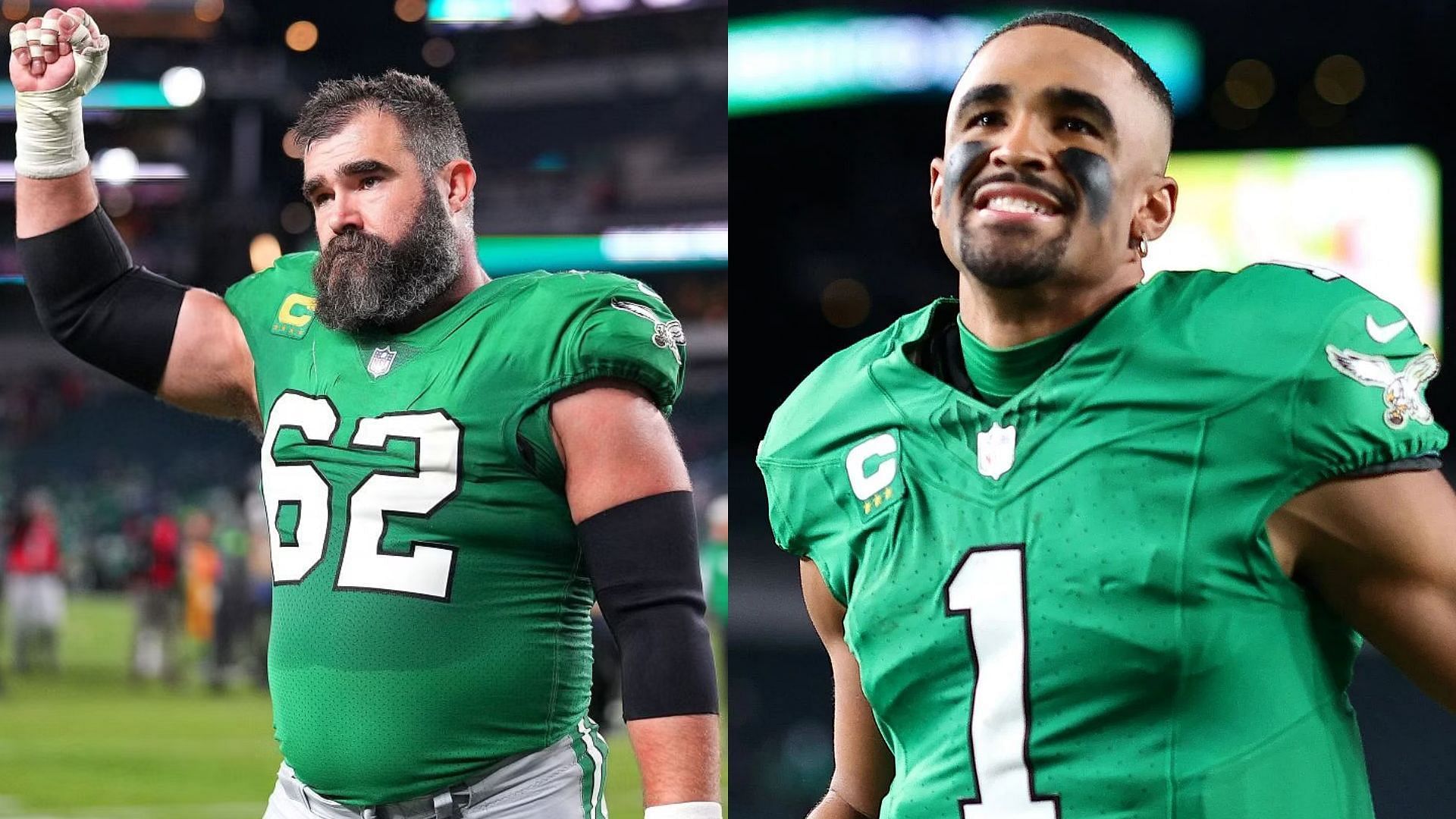 Jason Kelce and Jalen Hurts of the Philadelphia Eagles