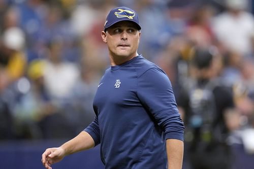 Tampa Bay manager Kevin Cash walks back to the dugout against the Texas Rangers in St. Petersburg, Florida