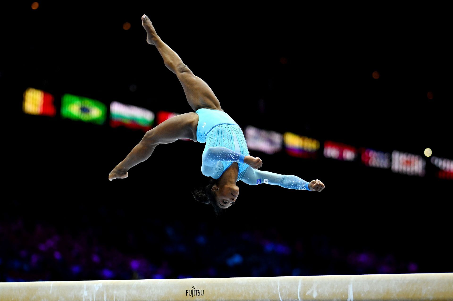 Simone Biles competes on the Balance Beam during Women&#039;s Qualifications of the 2023 World Artistic Gymnastics Championships at the Antwerp Sportpaleis in Antwerp, Belgium.