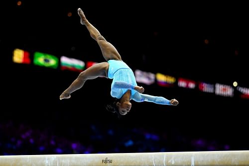 Simone Biles competes on the Balance Beam during Women's Qualifications of the 2023 World Artistic Gymnastics Championships at the Antwerp Sportpaleis in Antwerp, Belgium.