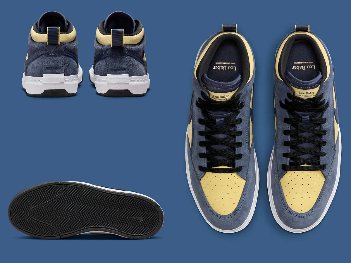 Overview of Nike SB Leo Baker &ldquo;Thunder Blue/Saturn Gold&rdquo; sneakers (Image via Sneaker News)