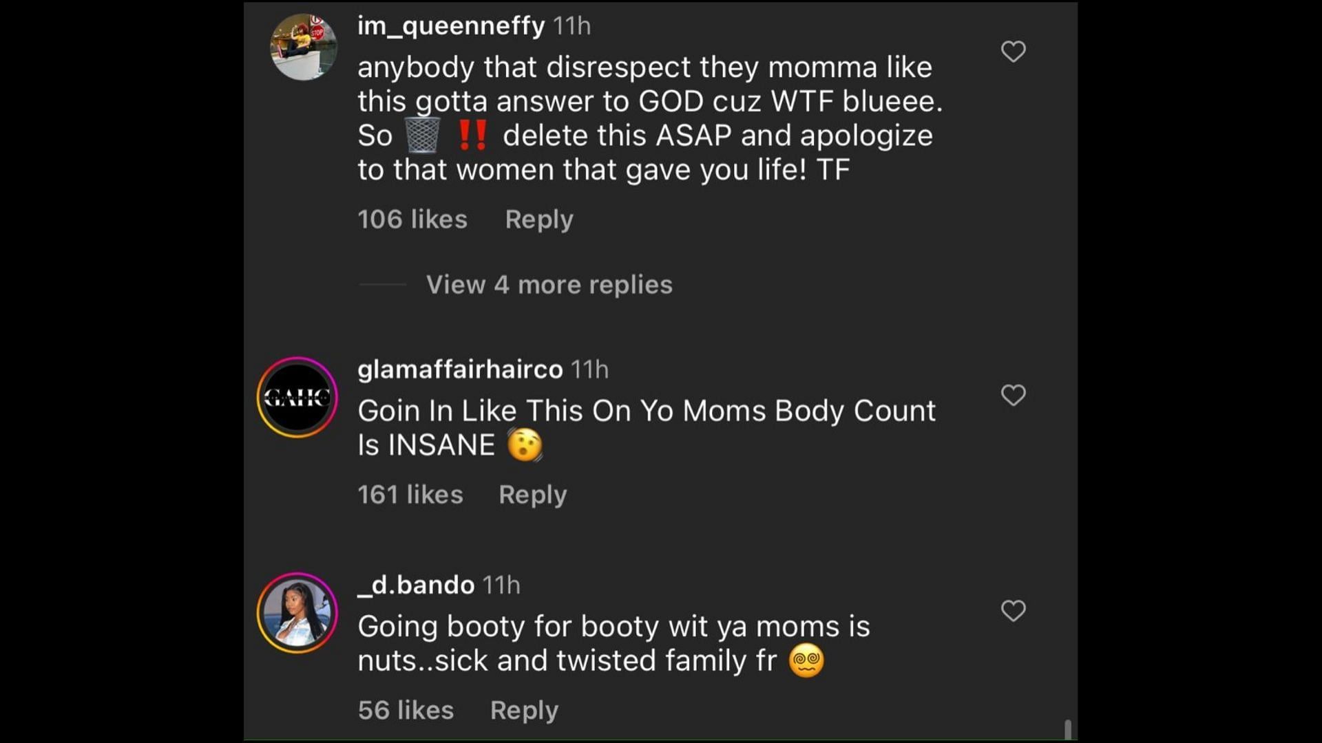 Screenshot of Internet users remarking on Blue&#039;s posts about his mother Karlissa. (Photo via @theneighborhoodtalk/Instagram)