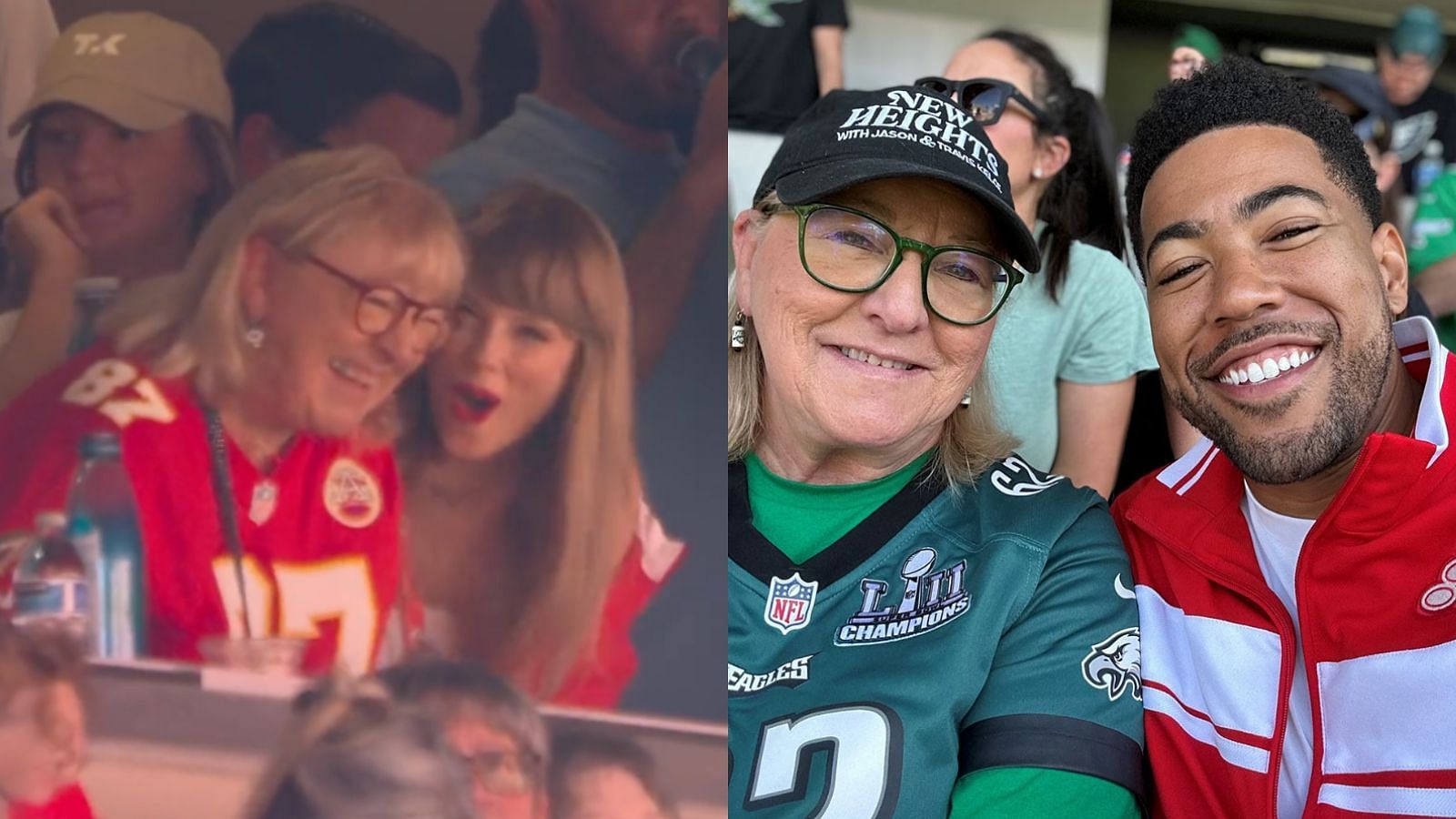 Donna Kelce with Taylor Swift and Kevin Miles (Images via Instagram/@cardigansfolklore and Twitter/ @jakefromstatefarm)