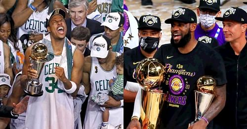 Former Boston Celtics superstar forward Paul Pierce and LA Lakers superstar forward LeBron James