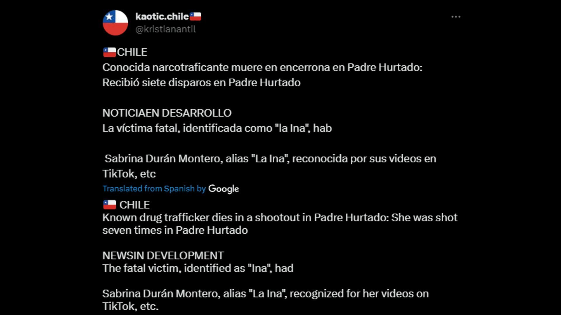 A netizen shares the news of Sabrina Duran Montero&#039;s death. (Image via X/kristianantil)