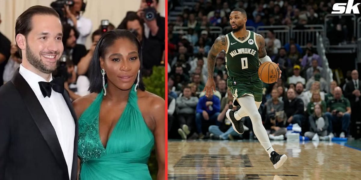 Serena Williams with Alexis Ohanian (L) and Damian Lillard (R)