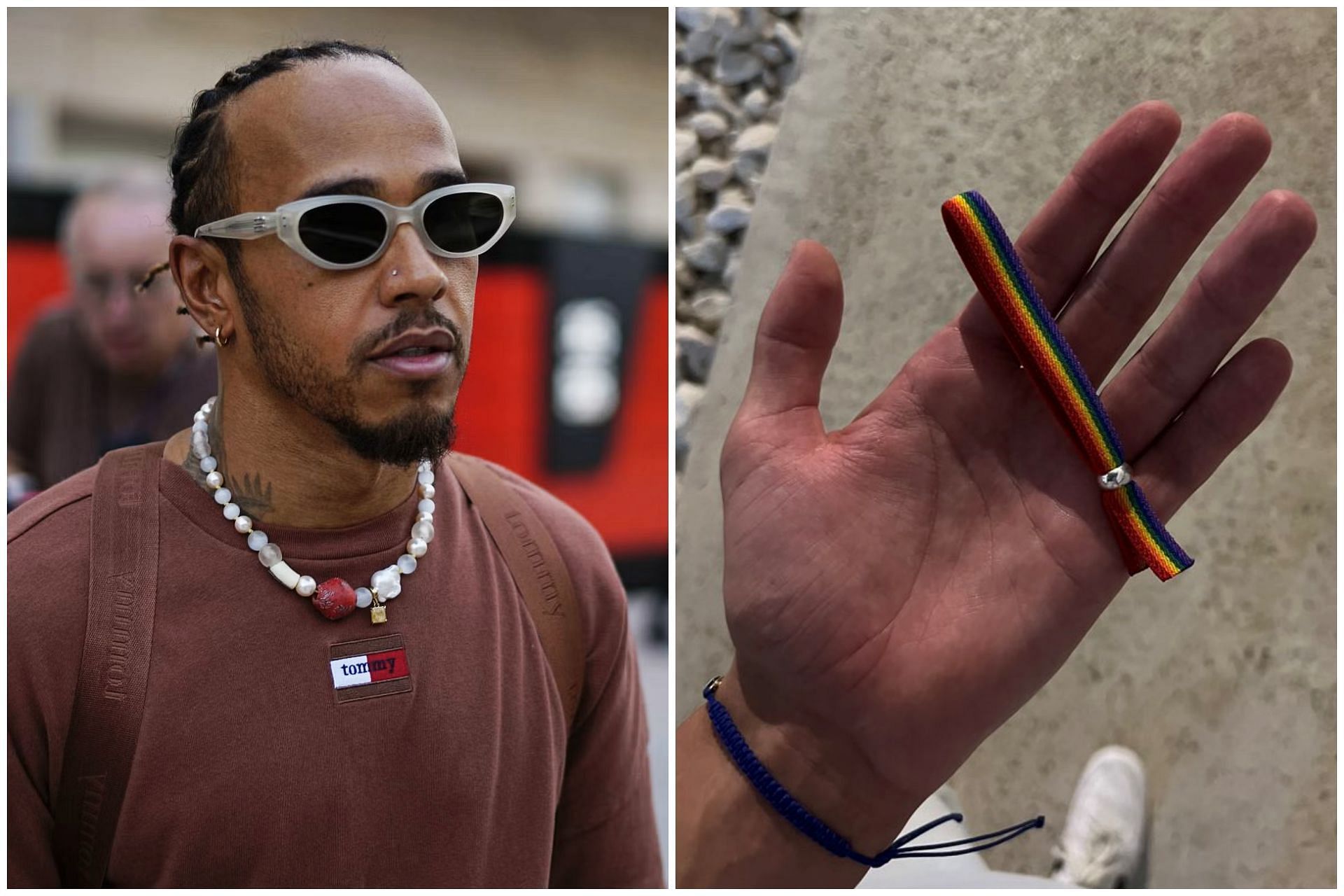 Lewis Hamilton graciously accepts a bracelet from a fan prior to the 2023 F1 Qatar Grand Prix (Collage via Sportskeeda)