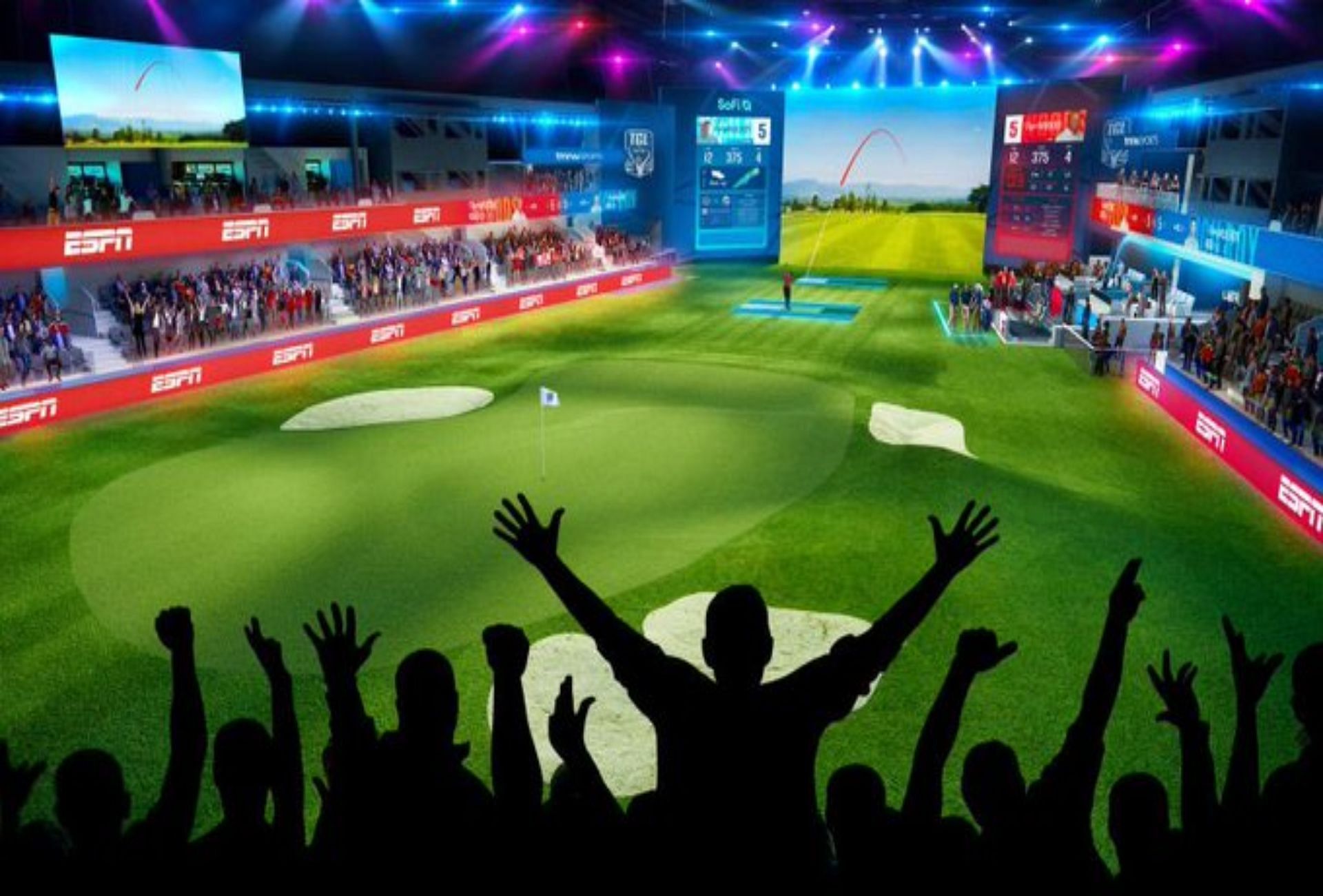 Representation of the TGL League virtual golf course, including simulator (Image via X @NUCLRGOLF).