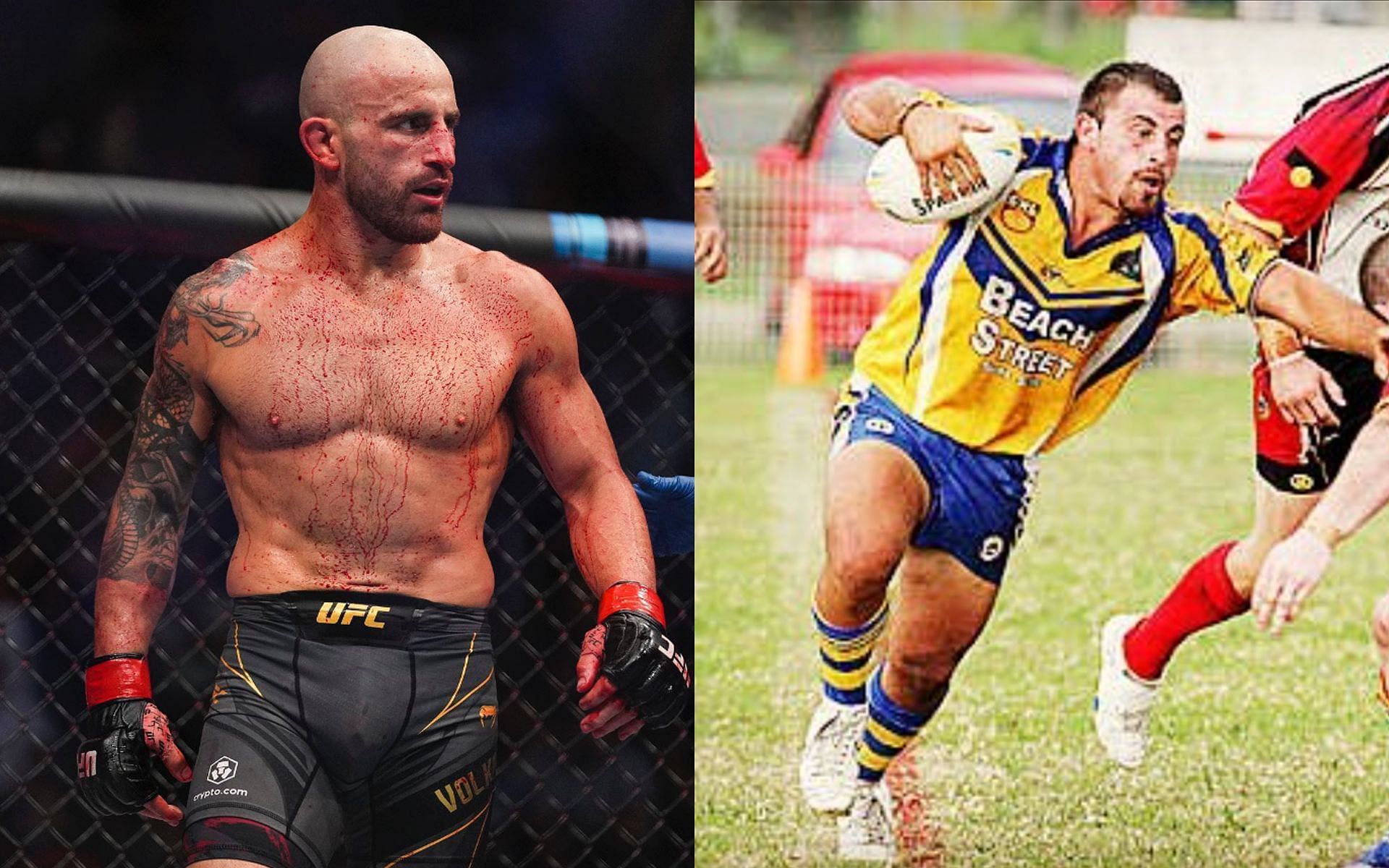 Alexander Volkanovski now (left) and during his Rugby days (right) (Images via @alexvolkanovski Instagram)