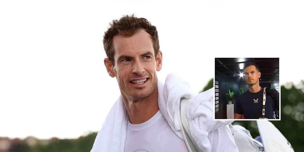 Andy Murray with his new haircut at the 2023 Swiss Indoors (inset)