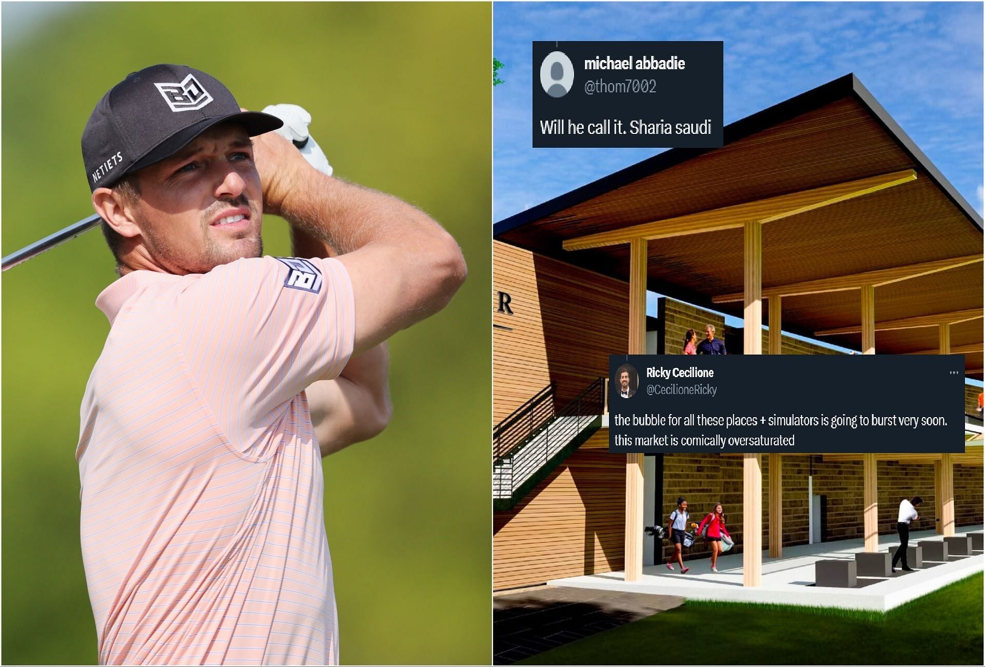 Bryson DeChambeau (via Getty Images) and his new Topgolf-style golf named UnderPar Life venue in Fort Worth (via X/@FOS)