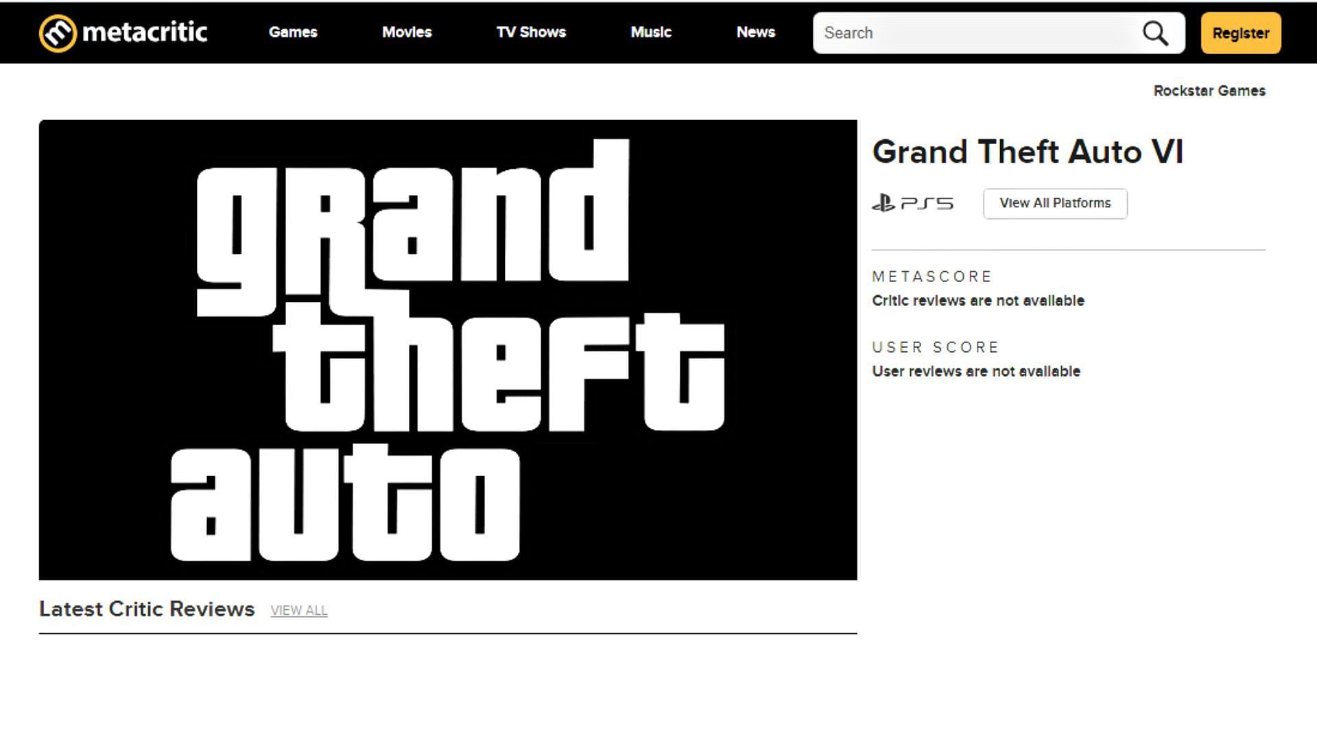 The Metacritic page for Grand Theft Auto 6 (Image via metacritic.com)
