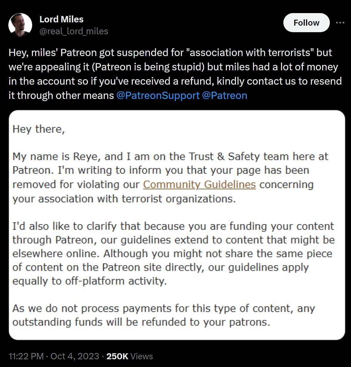 Patreon allegedly suspended his account for his associations with terrorism (Image via X/@real_lord_miles)